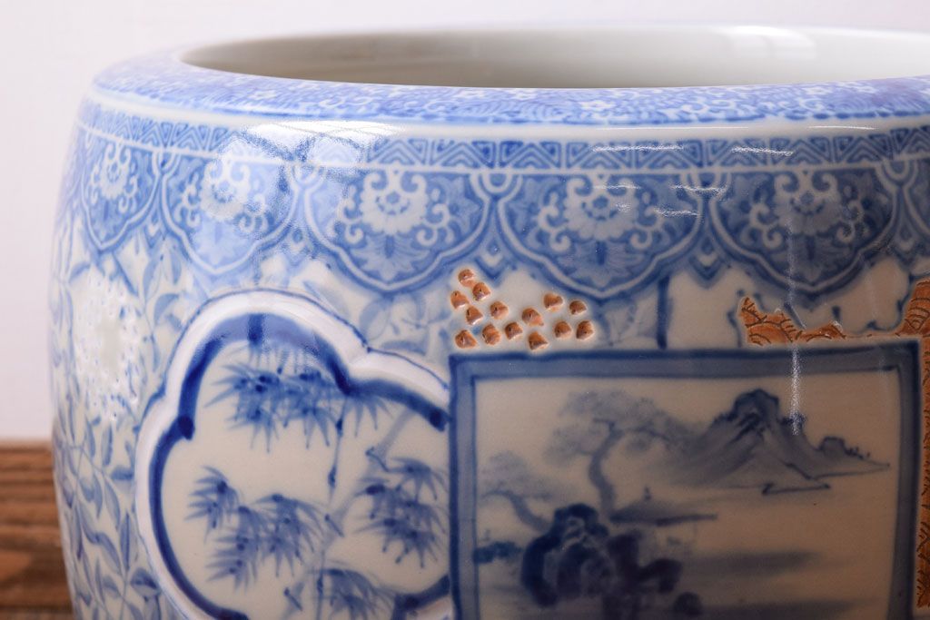 アンティーク雑貨　大正〜昭和初期　古民具・骨董　窓絵松竹　青海波　アンティーク瀬戸火鉢