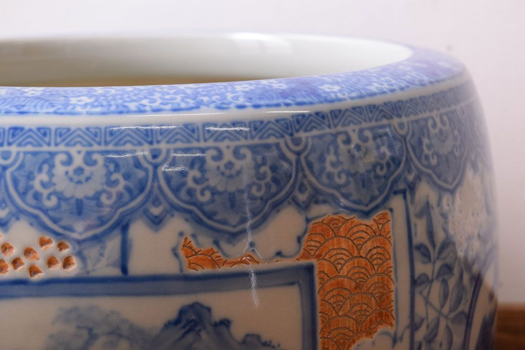 アンティーク雑貨　大正〜昭和初期　古民具・骨董　窓絵松竹　青海波　アンティーク瀬戸火鉢