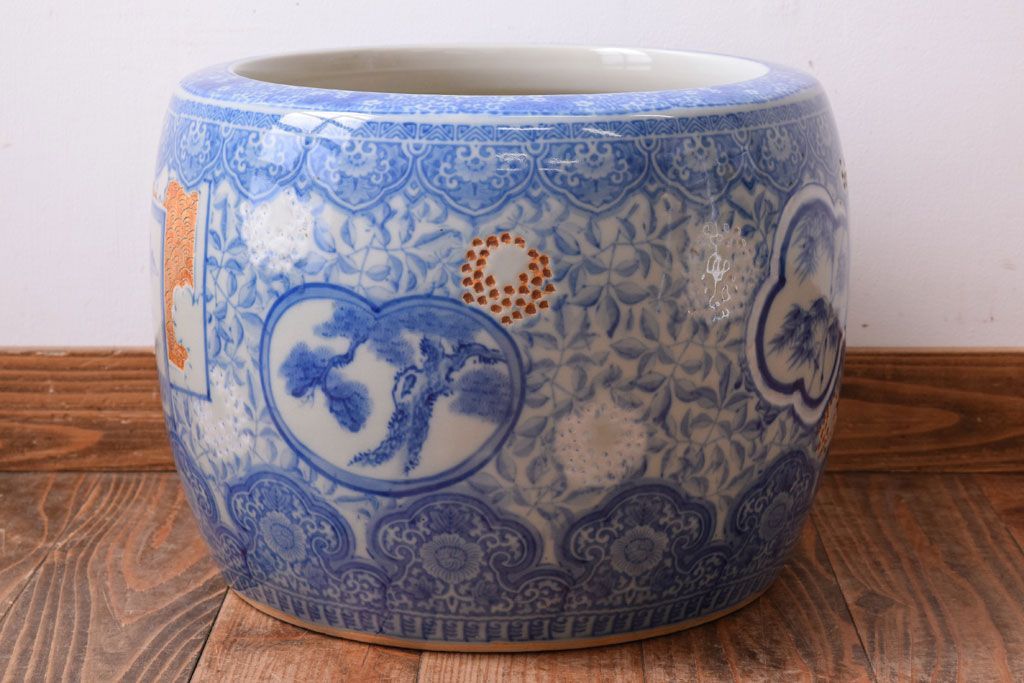 アンティーク雑貨　大正〜昭和初期　古民具・骨董　窓絵松竹　青海波　アンティーク瀬戸火鉢