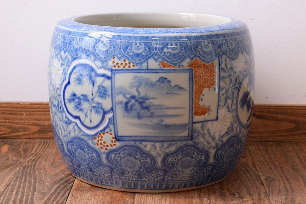 アンティーク雑貨　大正〜昭和初期　古民具・骨董　窓絵松竹　青海波　アンティーク瀬戸火鉢