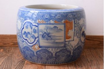 アンティーク雑貨　大正〜昭和初期　古民具・骨董　窓絵松竹　青海波　アンティーク瀬戸火鉢