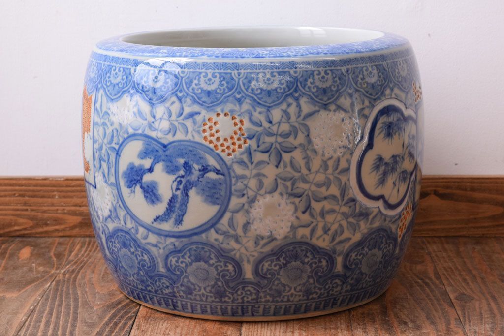 アンティーク雑貨　大正〜昭和初期　古民具・骨董　窓絵松竹　青海波　アンティーク瀬戸火鉢