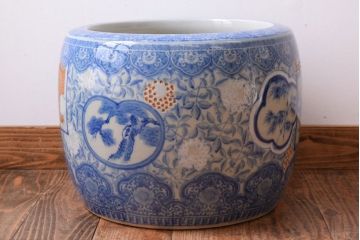 アンティーク雑貨　大正〜昭和初期　古民具・骨董　窓絵松竹　青海波　アンティーク瀬戸火鉢