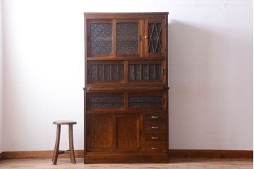 アンティーク家具　ダイヤガラス入り!作業台付き　古い木の和製アンティーク食器棚