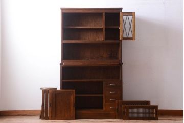 アンティーク家具　ダイヤガラス入り!作業台付き　古い木の和製アンティーク食器棚