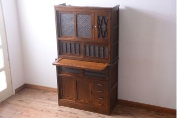 アンティーク家具　ダイヤガラス入り!作業台付き　古い木の和製アンティーク食器棚