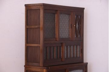 アンティーク家具　ダイヤガラス入り!作業台付き　古い木の和製アンティーク食器棚