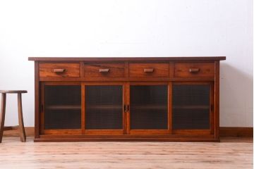 アンティーク家具　ナラ材天板のリメイク品!和製アンティークのモールガラス入り収納棚(戸棚・カウンターテーブル)