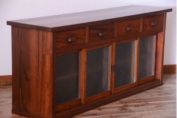 アンティーク家具　ナラ材天板のリメイク品!和製アンティークのモールガラス入り収納棚(戸棚・カウンターテーブル)