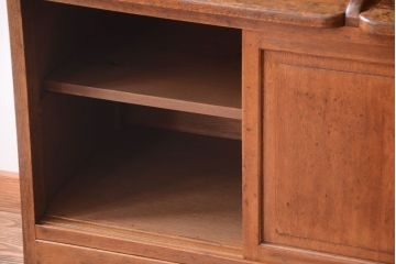 レトロ家具　気泡ガラス入り!古い木の昭和レトロなアンティーク食器棚(カップボード)