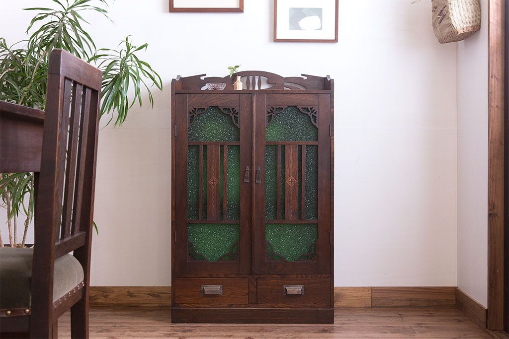 アンティーク家具　大正期　当時物色ガラス入りの高級品!和製アンティークの本箱(ブックケース)