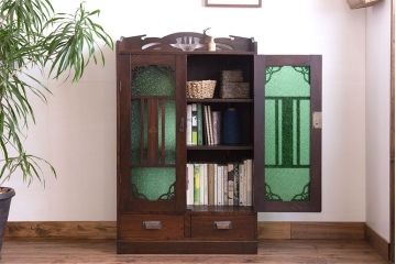 アンティーク家具　大正期　当時物色ガラス入りの高級品!和製アンティークの本箱(ブックケース)