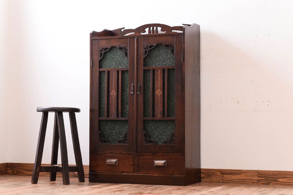 アンティーク家具　大正期　当時物色ガラス入りの高級品!和製アンティークの本箱(ブックケース)