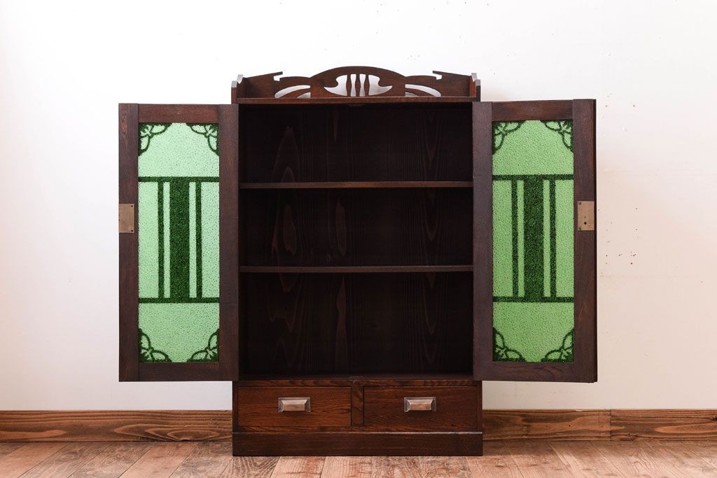 アンティーク家具　大正期　当時物色ガラス入りの高級品!和製アンティークの本箱(ブックケース)