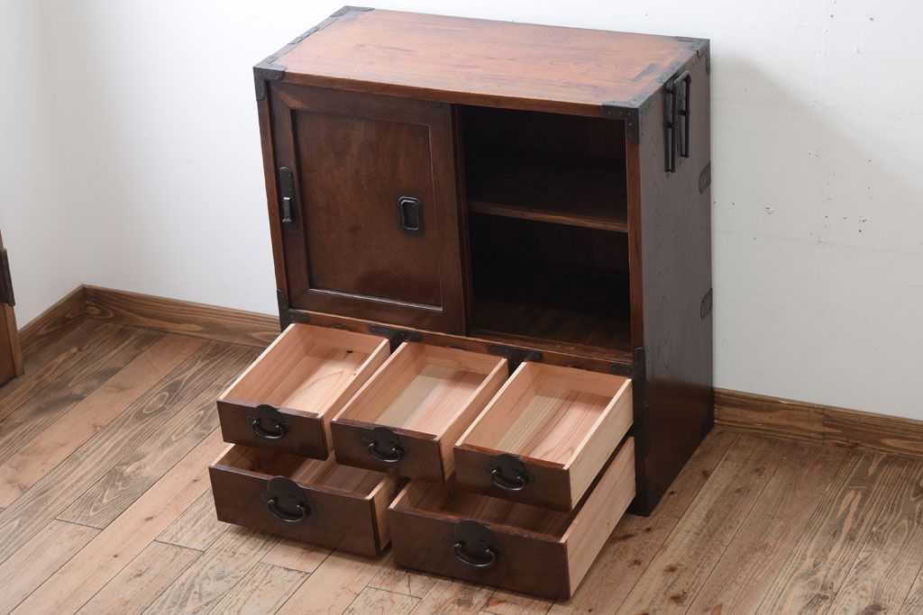 アンティーク家具　三方欅材!上質な和製アンティーク帳場箪笥