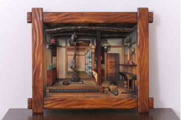 民芸品　遠近法応用額　古民家の風景　木彫り　在名