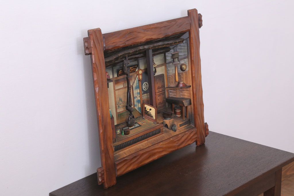 木彫り 民芸品 遠近法応用額 古民家の風景　昭和レトロ　壁掛け インテリア 木彫り 民芸品 遠近法応用額 古民家の風景 昭和レトロ 壁掛け