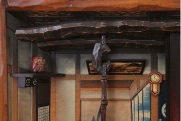 民芸品　遠近法応用額　古民家の風景　木彫り　在名