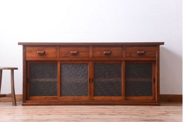 ダイヤガラス!ナラ材天板のリメイク品　アンティークのカウンターテーブル(収納棚・戸棚)