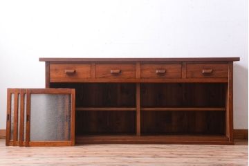 ダイヤガラス!ナラ材天板のリメイク品　アンティークのカウンターテーブル(収納棚・戸棚)