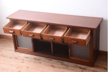 ダイヤガラス!ナラ材天板のリメイク品　アンティークのカウンターテーブル(収納棚・戸棚)