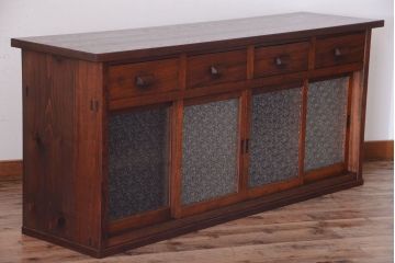 ダイヤガラス!ナラ材天板のリメイク品　アンティークのカウンターテーブル(収納棚・戸棚)