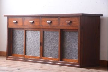 ダイヤガラス!ナラ材天板のリメイク品　アンティークのカウンターテーブル(収納棚・戸棚)