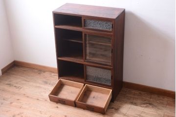 アンティーク家具　結霜ガラス!古い木製のアンティーク収納棚