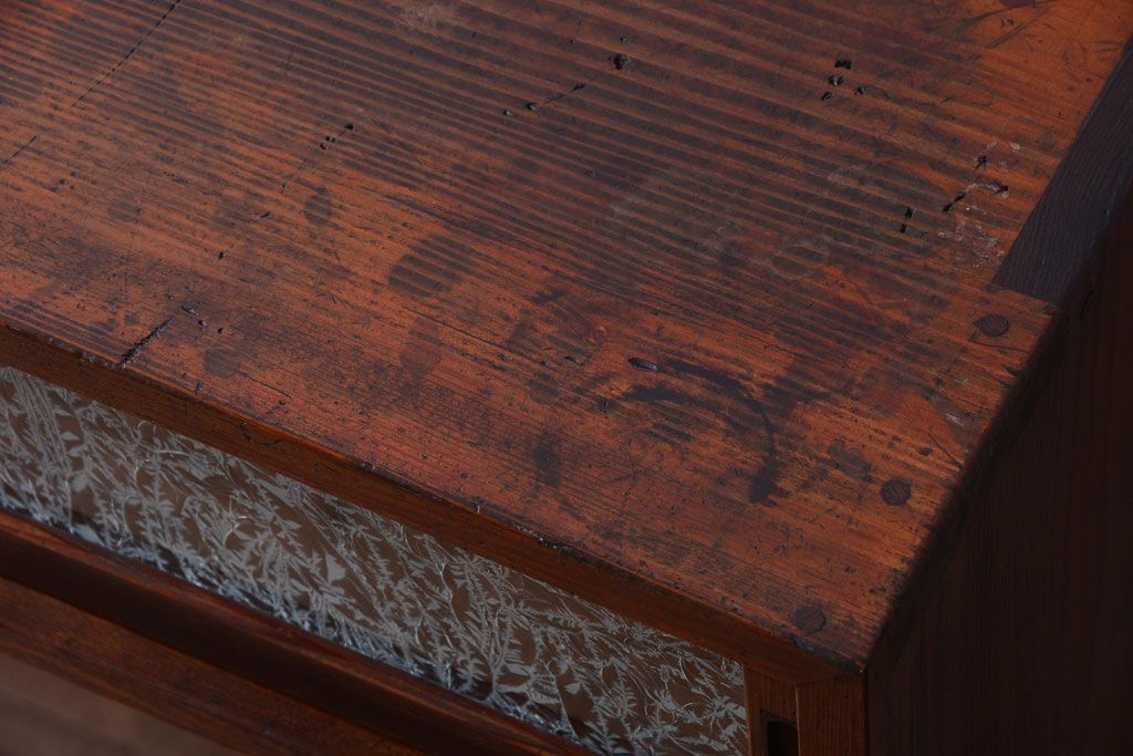 アンティーク家具　結霜ガラス!古い木製のアンティーク収納棚