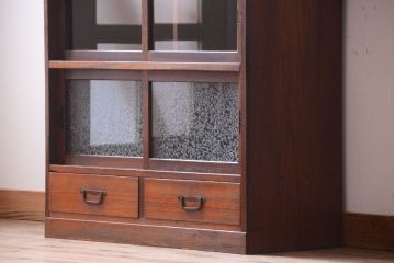 アンティーク家具　結霜ガラス!古い木製のアンティーク収納棚