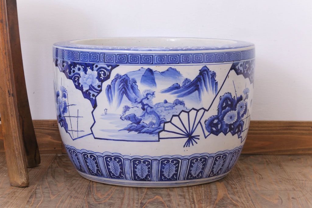 アンティーク雑貨　古民具・骨董　扇窓　山水　和製アンティーク瀬戸火鉢