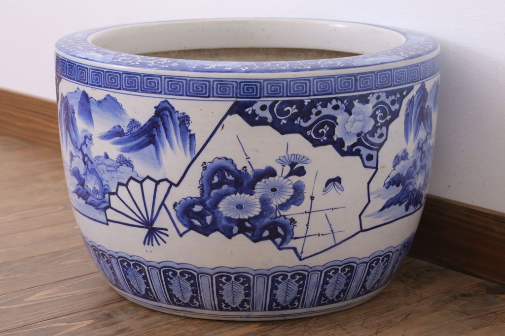 アンティーク雑貨　古民具・骨董　扇窓　山水　和製アンティーク瀬戸火鉢