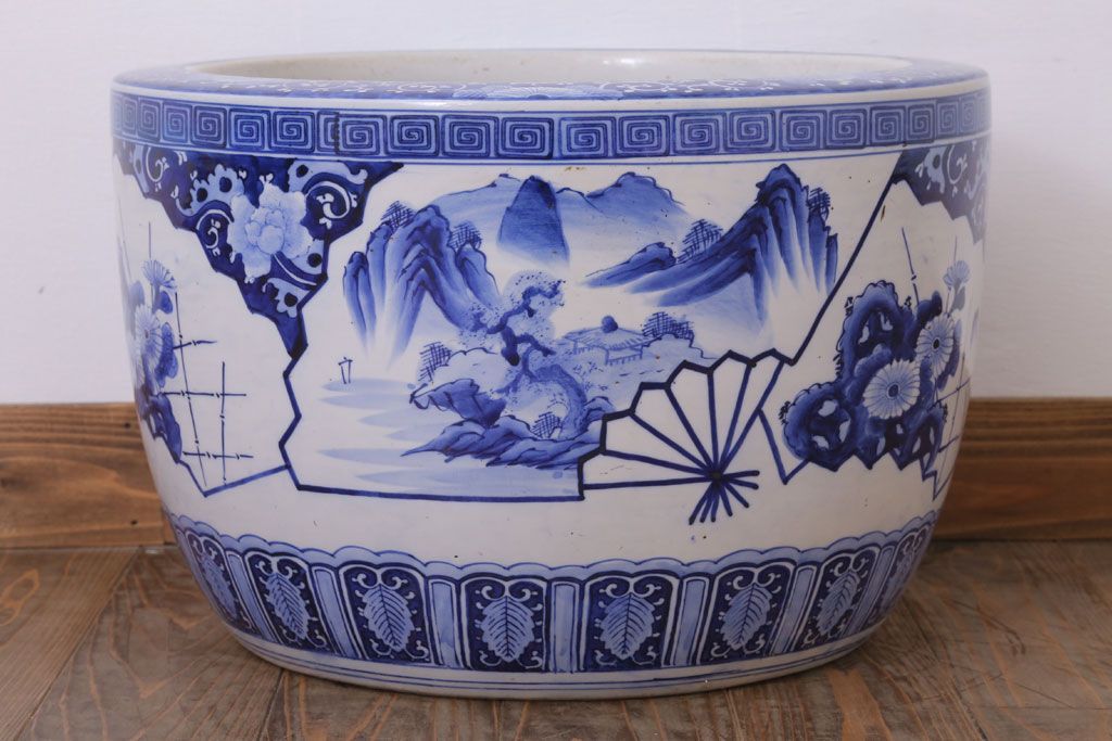 アンティーク雑貨　古民具・骨董　扇窓　山水　和製アンティーク瀬戸火鉢