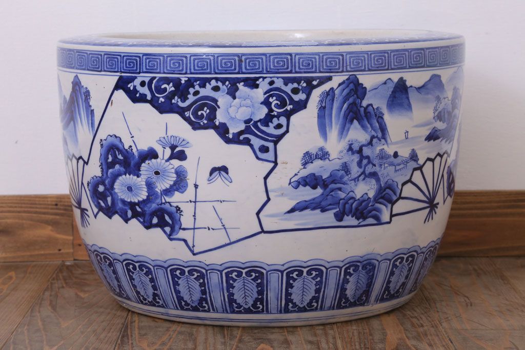 アンティーク雑貨　古民具・骨董　扇窓　山水　和製アンティーク瀬戸火鉢