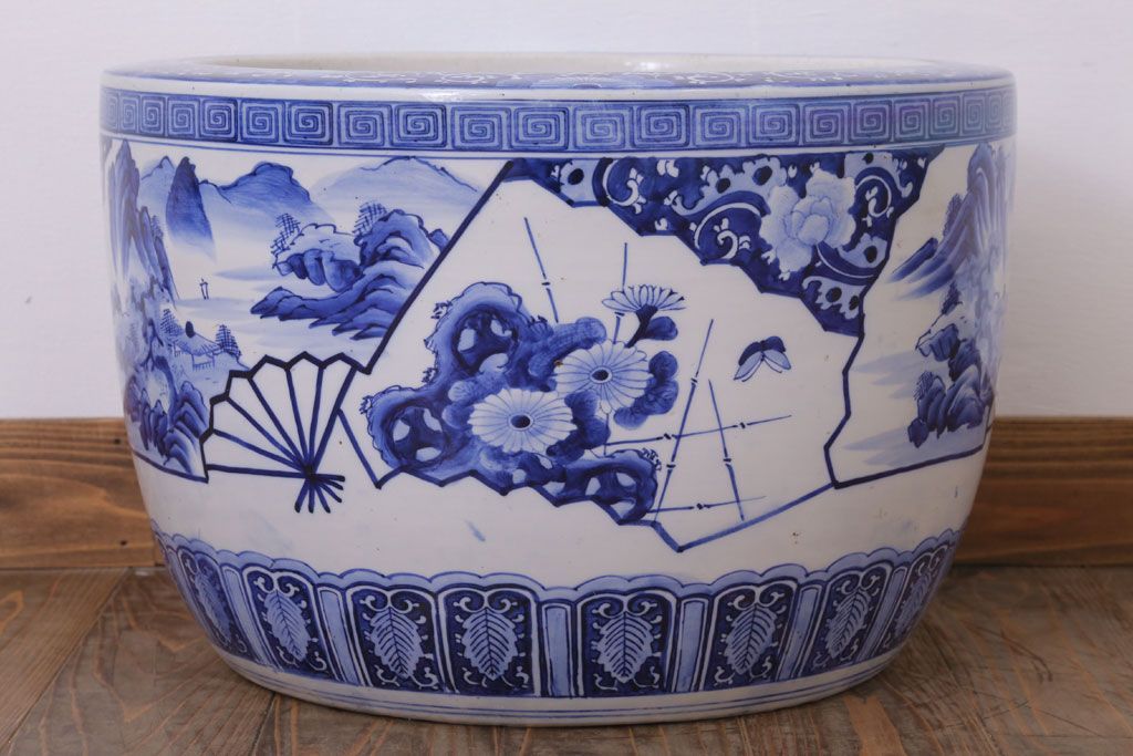 アンティーク雑貨　古民具・骨董　扇窓　山水　和製アンティーク瀬戸火鉢