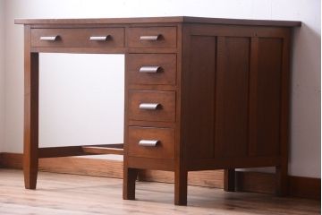 レトロ家具　昭和レトロ　古いナラ材製のシンプルなアンティーク片袖机(2)