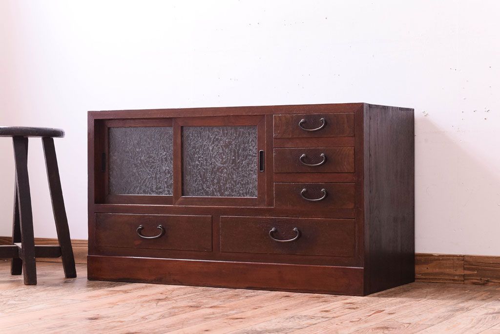 アンティーク家具　結霜ガラス入り!古い木のアンティークローボード