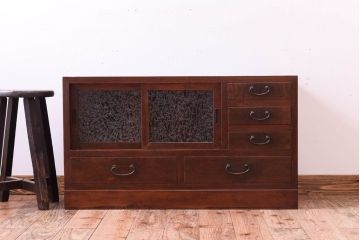 アンティーク家具　結霜ガラス入り!古い木のアンティークローボード