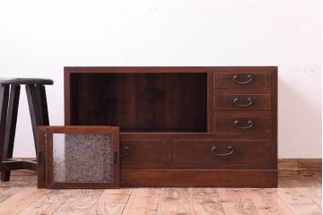 アンティーク家具　結霜ガラス入り!古い木のアンティークローボード