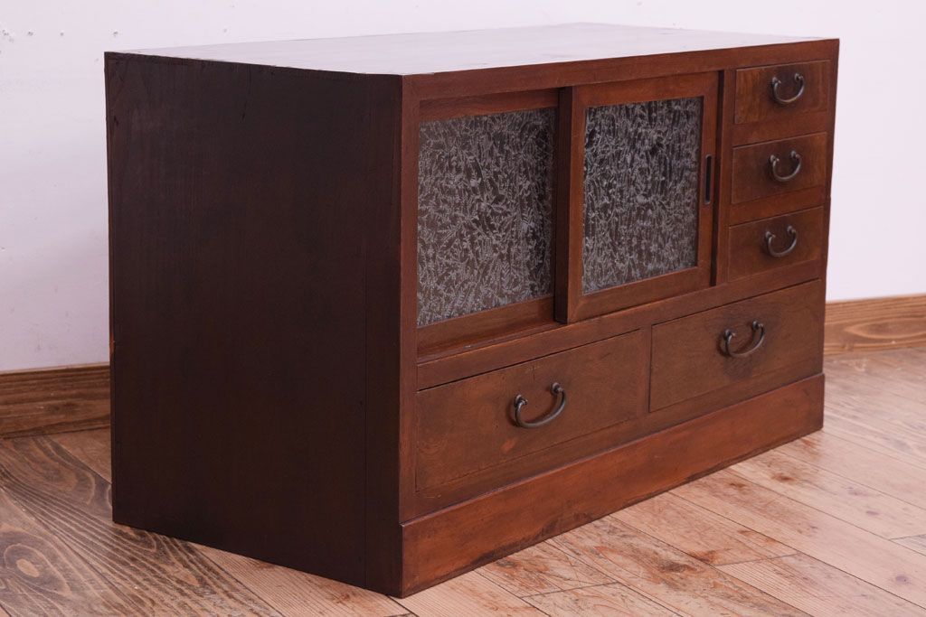 アンティーク家具　結霜ガラス入り!古い木のアンティークローボード