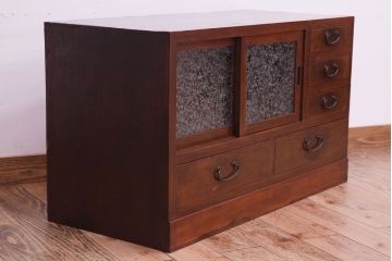 アンティーク家具　結霜ガラス入り!古い木のアンティークローボード