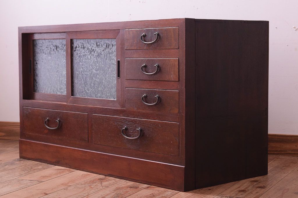 アンティーク家具　結霜ガラス入り!古い木のアンティークローボード