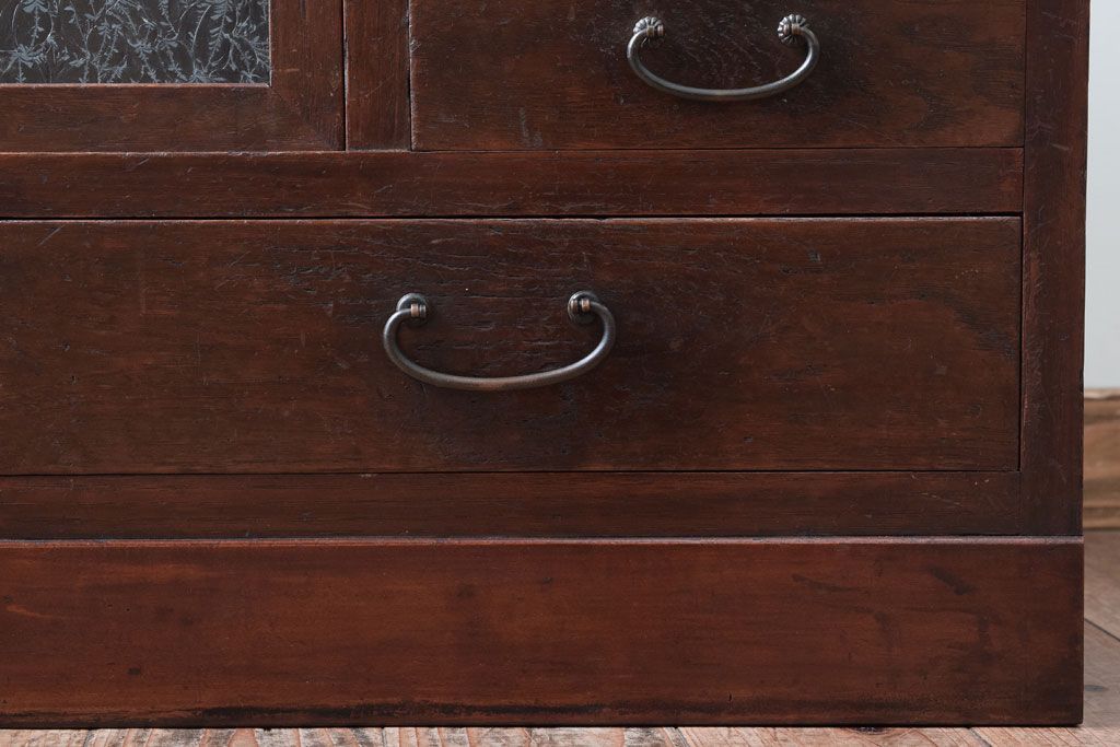 アンティーク家具　結霜ガラス入り!古い木のアンティークローボード