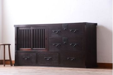 アンティーク家具　古民具・骨董　明治期　和モダンスタイル!収納箪笥ローボード(水屋箪笥、テレビ台、キャビネット、収納棚)(3)