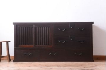 アンティーク家具　古民具・骨董　明治期　和モダンスタイル!収納箪笥ローボード(水屋箪笥、テレビ台、キャビネット、収納棚)(3)
