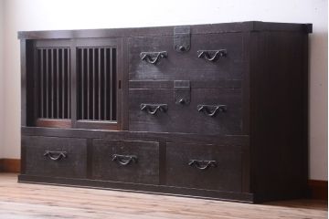 アンティーク家具　古民具・骨董　明治期　和モダンスタイル!収納箪笥ローボード(水屋箪笥、テレビ台、キャビネット、収納棚)(3)