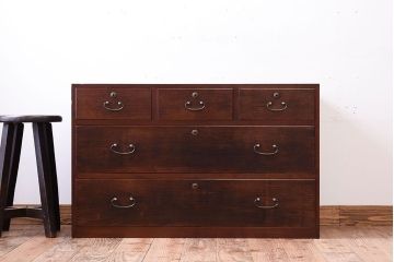 アンティーク家具　三方栗材!古い木製のシンプルな衣装箪笥(時代箪笥ローボード)