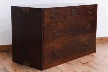 アンティーク家具　三方栗材!古い木製のシンプルな衣装箪笥(時代箪笥ローボード)