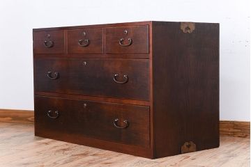 アンティーク家具　三方栗材!古い木製のシンプルな衣装箪笥(時代箪笥ローボード)