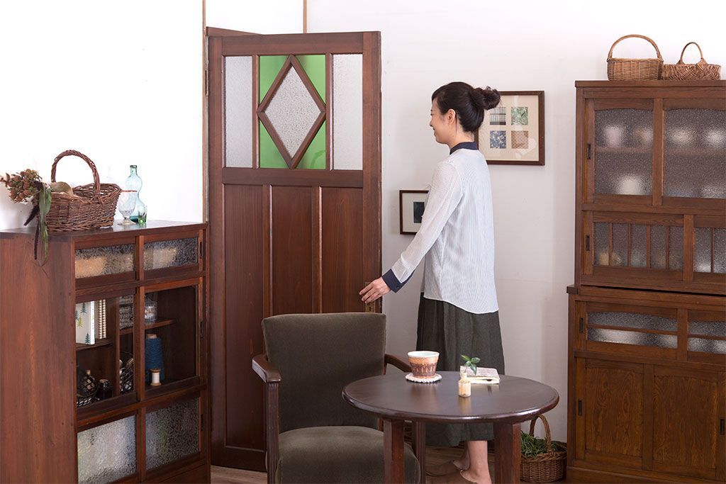 大正ロマン　色ガラス・ダイヤガラス入り!古い木製のドア